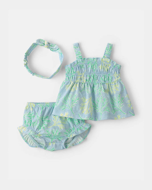Carter's Baby Girl 3-Piece Coral Top & Short Set - Blue/Green