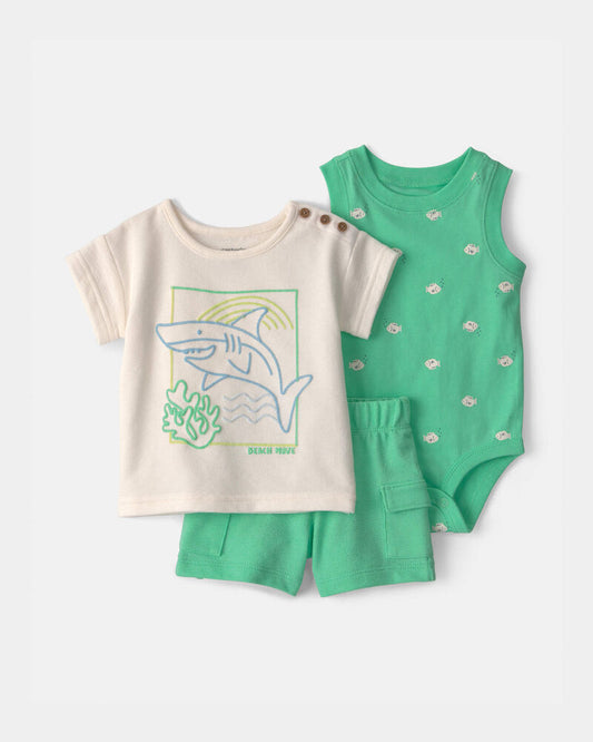 Carter's Baby Boy 3-Piece Shark Top, Bodysuit & Short Set - Green/Ivory
