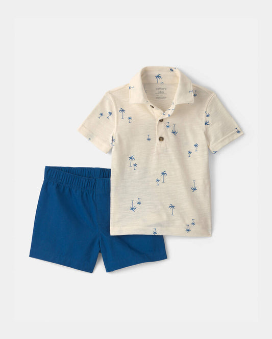 Carter's Baby Boy 2-Piece Palm Tree Polo & Short Set - Blue/Ivory