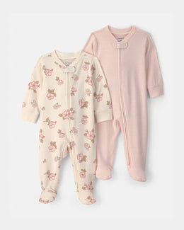 Carter's Baby Girl 2-Pack Floral Striped 100% Cotton 2-Way Zip Sleep & Play Pajamas - Pink/Ivory