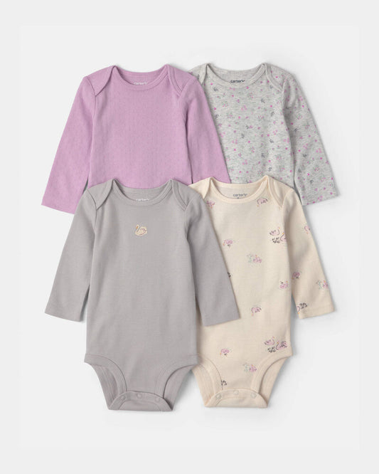 Carter's Baby Girl 4-Pack Swan Floral Long-Sleeve Bodysuits - Grey/Purple/Ivory