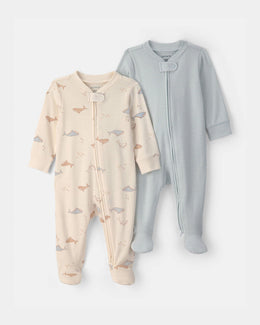 Carter's Baby 2-Pack Whale Striped 100% Cotton 2-Way Zip Sleepers - Blue