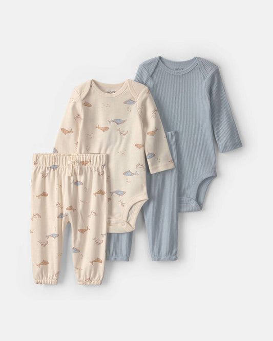 Carter's  Baby 4-Piece Whale Long-Sleeve Bodysuit & Pant Set - Blue/Cream