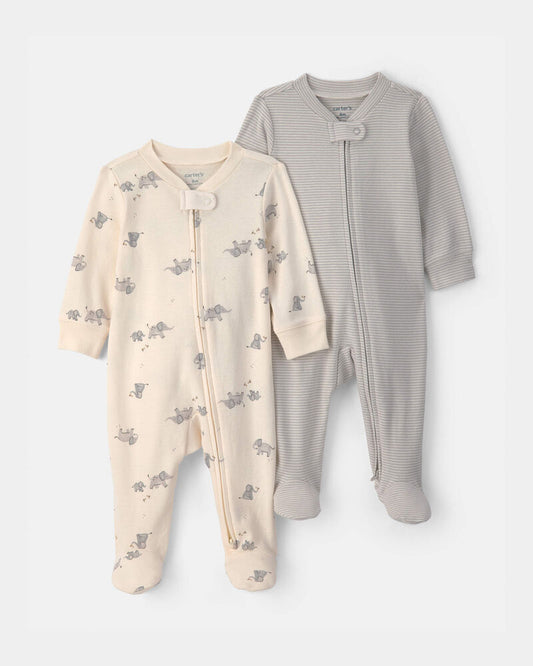 Carter's Baby 2-Pack Elephant Striped 100% Cotton 2-Way Zip Sleepers - Grey