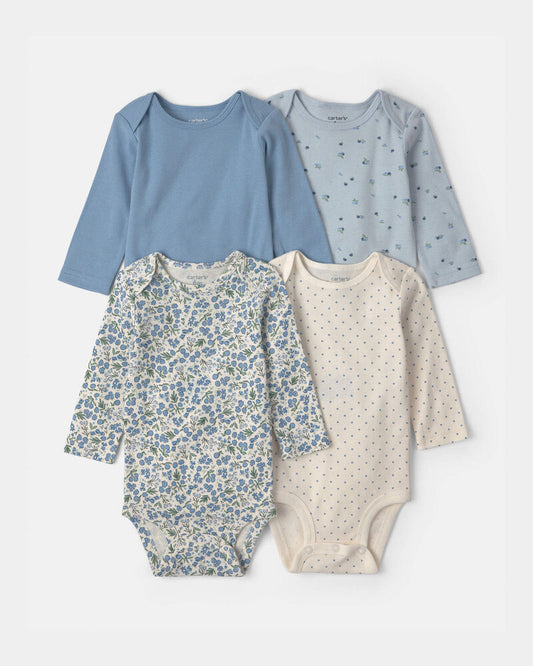 Carter's Baby Girl 4-Pack Blueberry Floral Long-Sleeve Bodysuits - Blue