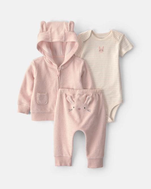 Carter's Baby Girl 3-Piece Bunny Terry Short-Sleeve Layering Set - Pink