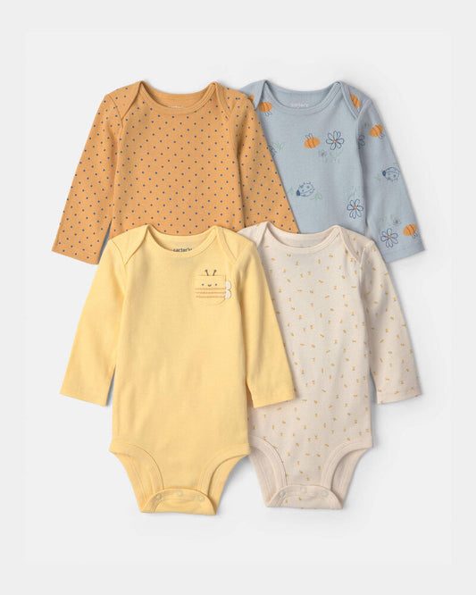 Carter's Baby Girl 4-Pack Bee Long-Sleeve Bodysuits - Yellow/Blue/Ivory