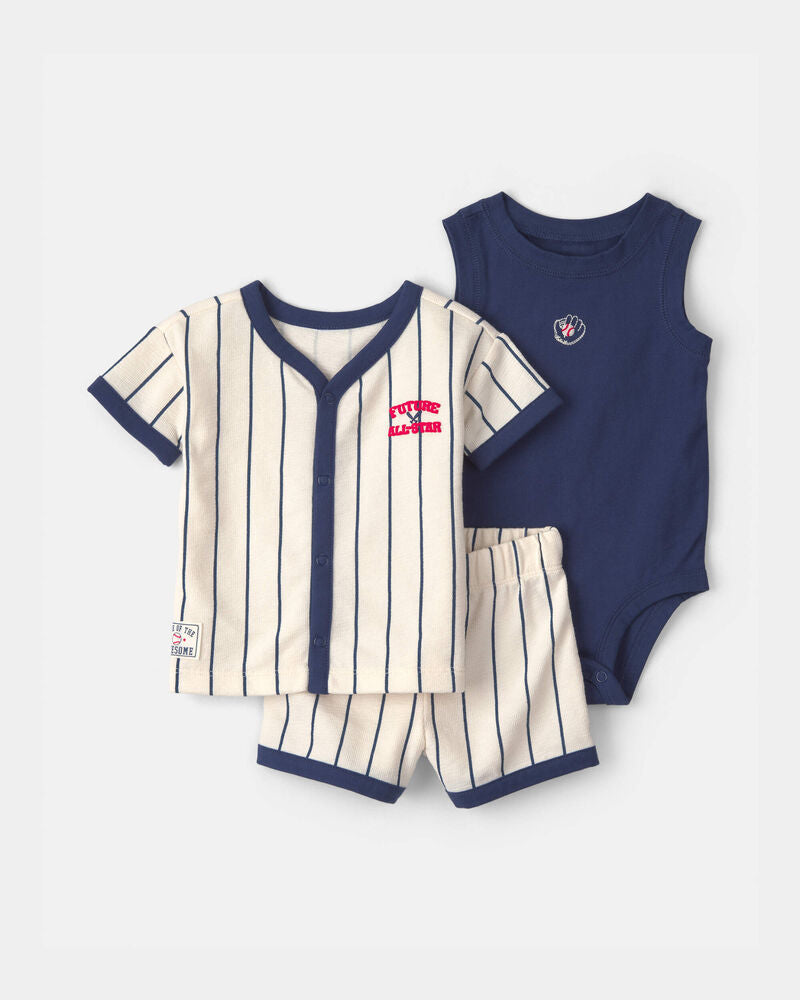 Carter's Baby Boy 3-Piece Baseball Striped Top & Short Set - Blue/Ivory