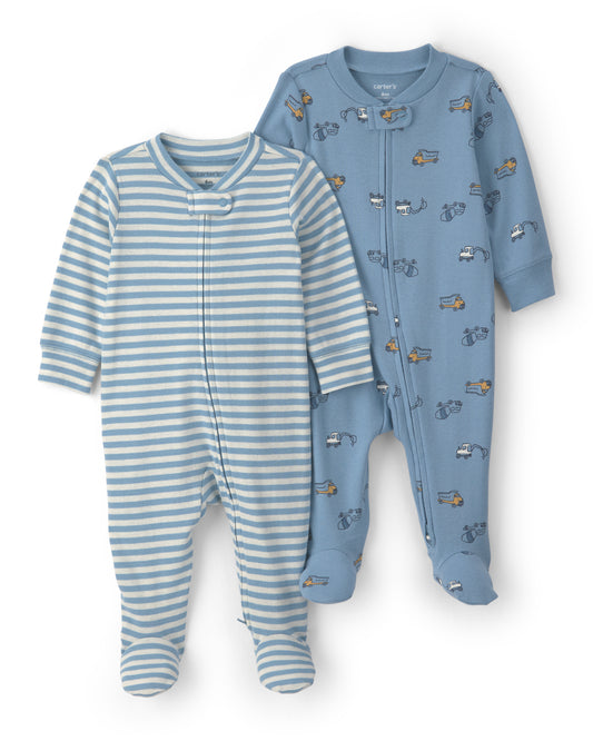 Carter's Baby 2-Pack Construction 100% Cotton 2-Way Zip Sleepers - Blue