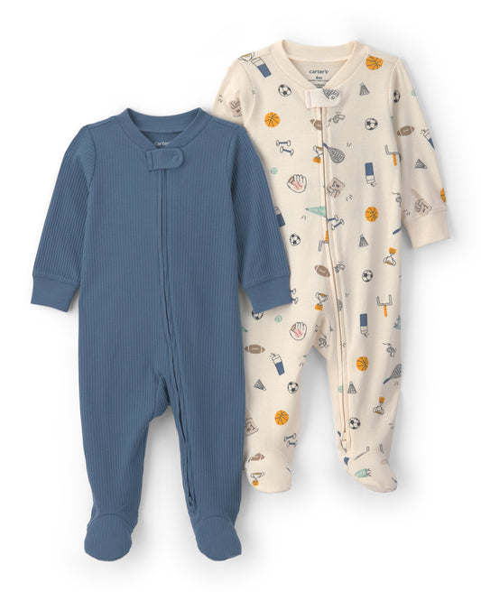 Carter's Baby 2-Pack Sports 100% Cotton 2-Way Zip Sleepers - Blue