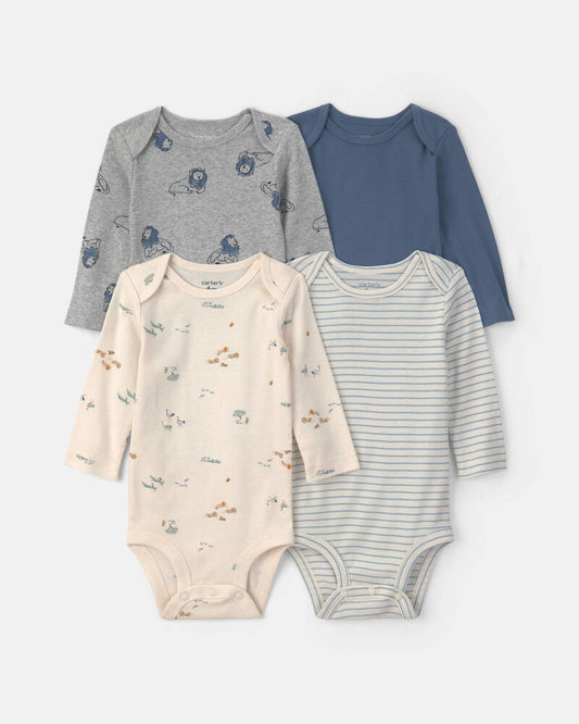 Carter's Baby Boy 4-Pack Lion Long-Sleeve Bodysuits - Blue/Grey/Ivory
