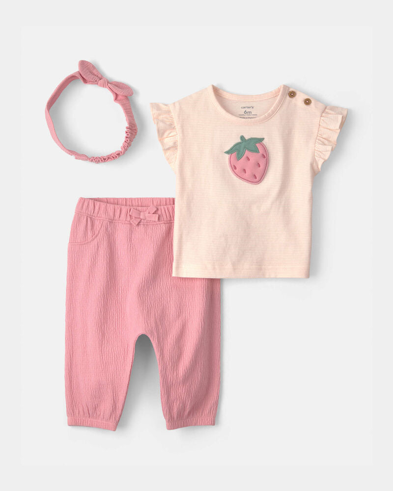 Carter's Baby Girl 3-Piece Strawberry Top & Pant Set - Pink