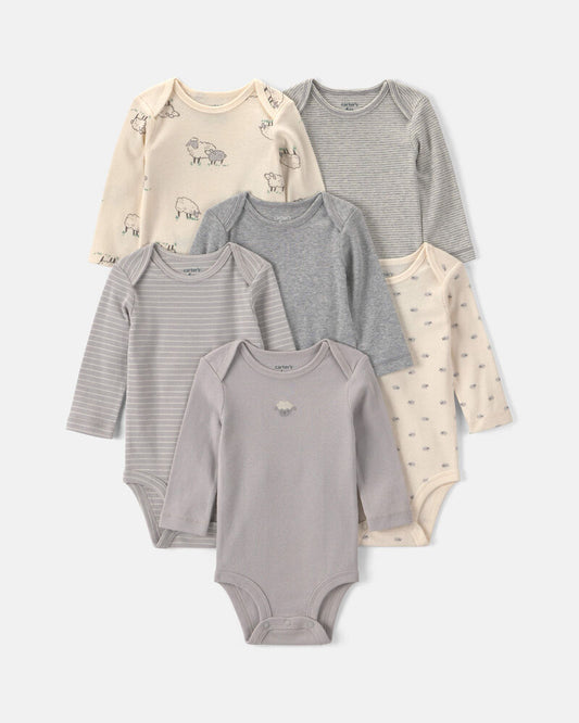 Carter's Baby 6-Pack Sheep Long-Sleeve Bodysuits - Grey/White