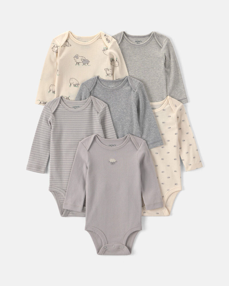 Carter's Baby 6-Pack Sheep Long-Sleeve Bodysuits - Grey/White