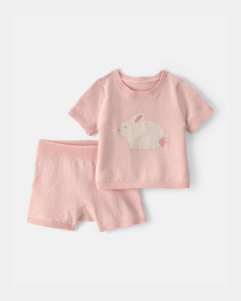 Carter's Baby Girl 2-Piece Bunny Short-Sleeve Sweater Top & Short Set - Pink
