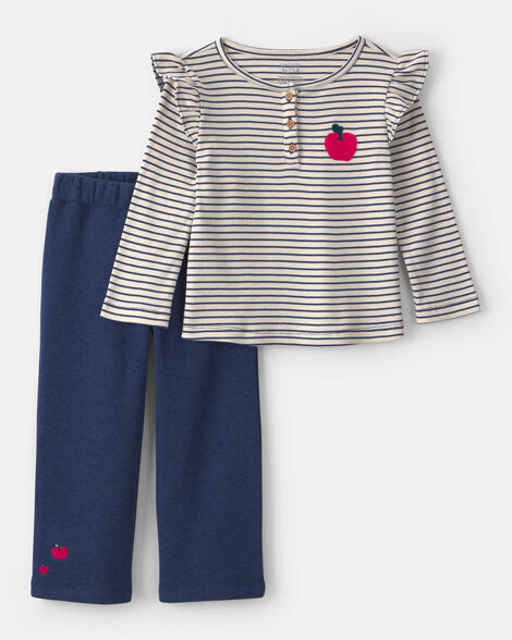Carter's Baby Girl 2-Piece Apple Striped Fleece Long-Sleeve Top & Pant Set - Navy Blue/Cream