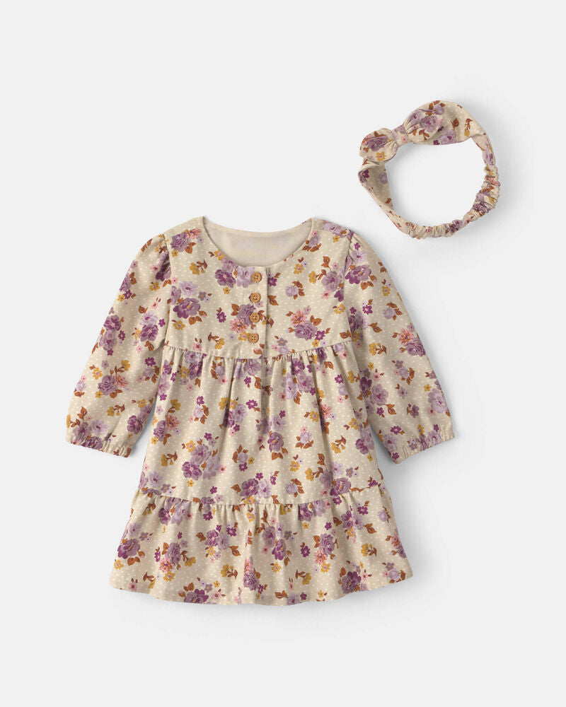 Oshkosh Baby Girl 2-Piece Floral Twill Long-Sleeve Dress - Cream