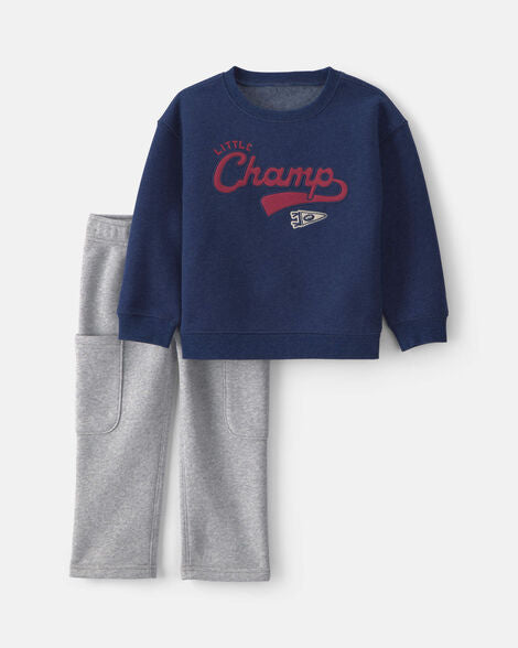 Carter's Baby Boy 2-Piece 'Little Champ' Football Fleece Top & Pant Set - Navy Blue/Grey