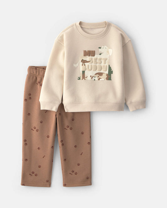 Carter's Baby Boy 2-Piece 'My Best Buddy' Dog Fleece Sweatshirt & Pant Set - Cream/Brown
