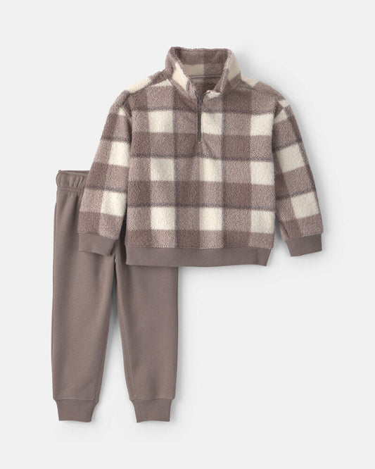 Carter's Baby Boy 2-Piece Checkered Fleece Pullover & Pant Set - Grey/White