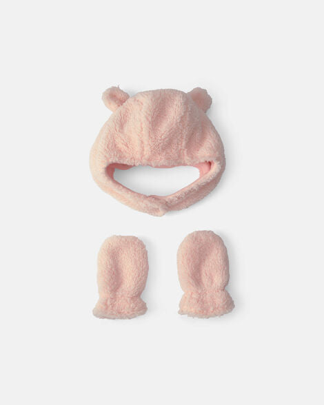 Carter's Baby Girl Bear Teddy Fleece Hat & Mitten Set - Pink
