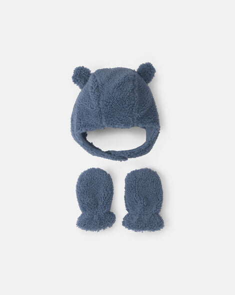 Carter's Baby Boy Bear Teddy Fleece Hat & Mitten Set - Blue