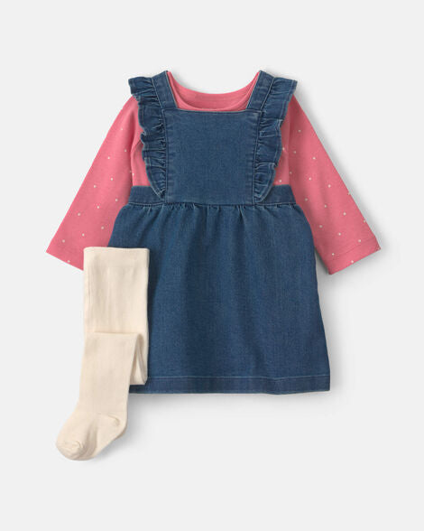 Carter's Baby Girl 3-Piece Polka Dot Chambray Long-Sleeve Dress Set - Pink/Indigo