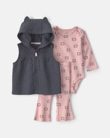 Carter's Baby Girl 3-Piece Cat Hooded Layering Set - Grey/Pink