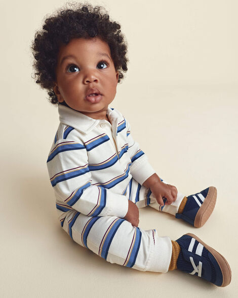 Carter's Baby Boy Striped French Terry Long-Sleeve Jumpsuit - Blue/Cream