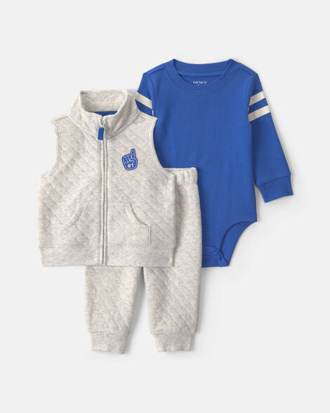 Carter's Baby Boy 3-Piece Varsity Quilted Layering Set - Grey/Blue