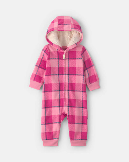 Carter's Baby Girl Buffalo Check Fleece Long-Sleeve Hooded Jumpsuit - Pink