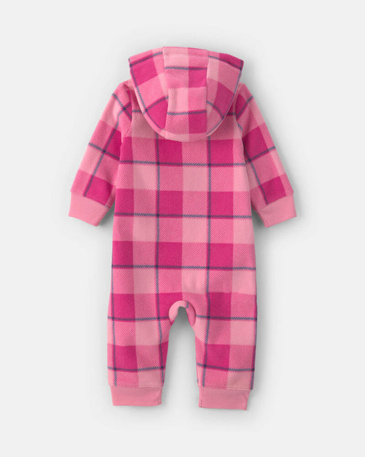 Carter's Baby Girl Buffalo Check Fleece Long-Sleeve Hooded Jumpsuit - Pink