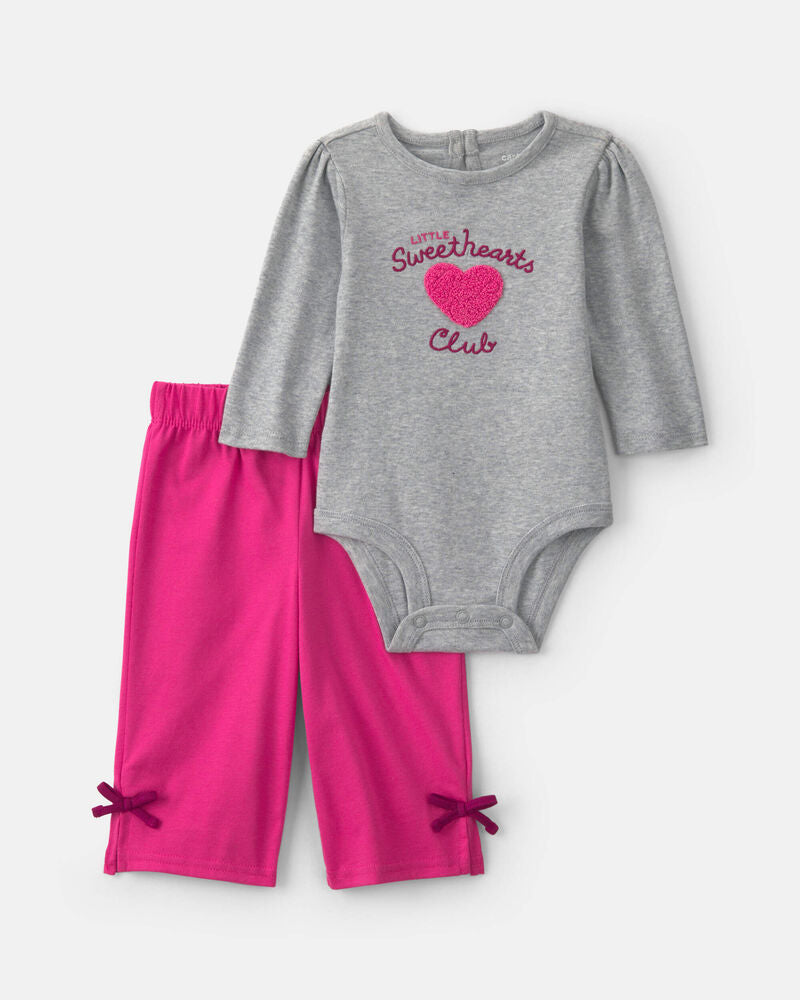 Carter's Baby Girl 2-Piece 'Little Sweethearts Club' Long-Sleeve Bodysuit & Pant Set - Pink/Grey
