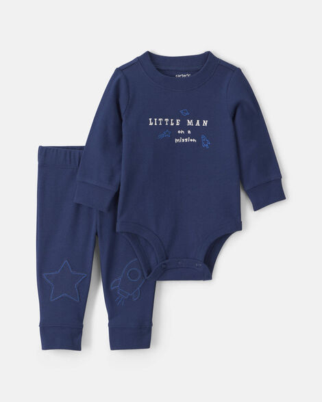 Carter's Baby Boy 2-Piece 'Little Man On a Mission' Space Long-Sleeve Bodysuit & Pant Set - Navy Blue