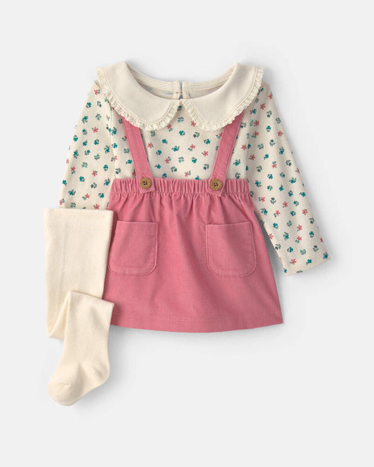 Carter's Baby Girl 3-Piece Floral Corduroy Long-Sleeve Dress Set - Pink/Cream