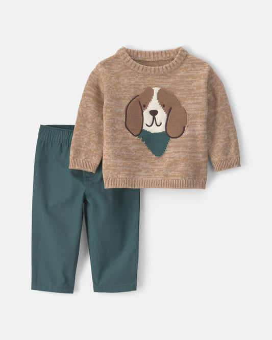 Carter's Baby Boy 2-Piece Dog Sweater Top & Pant Set - Brown/Green