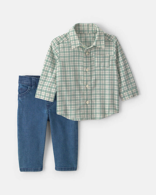 Carter's Baby Boy 2-Piece Plaid Flannel Long-Sleeve Top & Pant Set - Green/Indigo