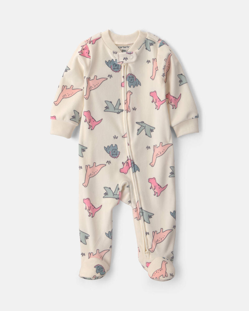 Carter's Baby Girl Dinosaur Fleece 2-Way Zip Sleeper - Cream