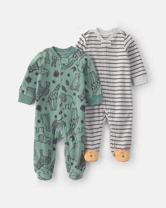 Carter's Baby Boy 2-Pack Safari Animals Striped Fleece 2-Way Zip Sleepers- Green/Grey