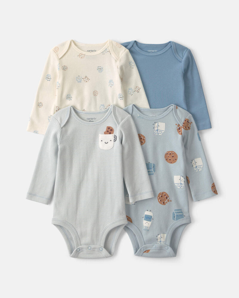 Carter's Baby Boy 4-Pack Milk & Cookies Long-Sleeve Multipack Bodysuits