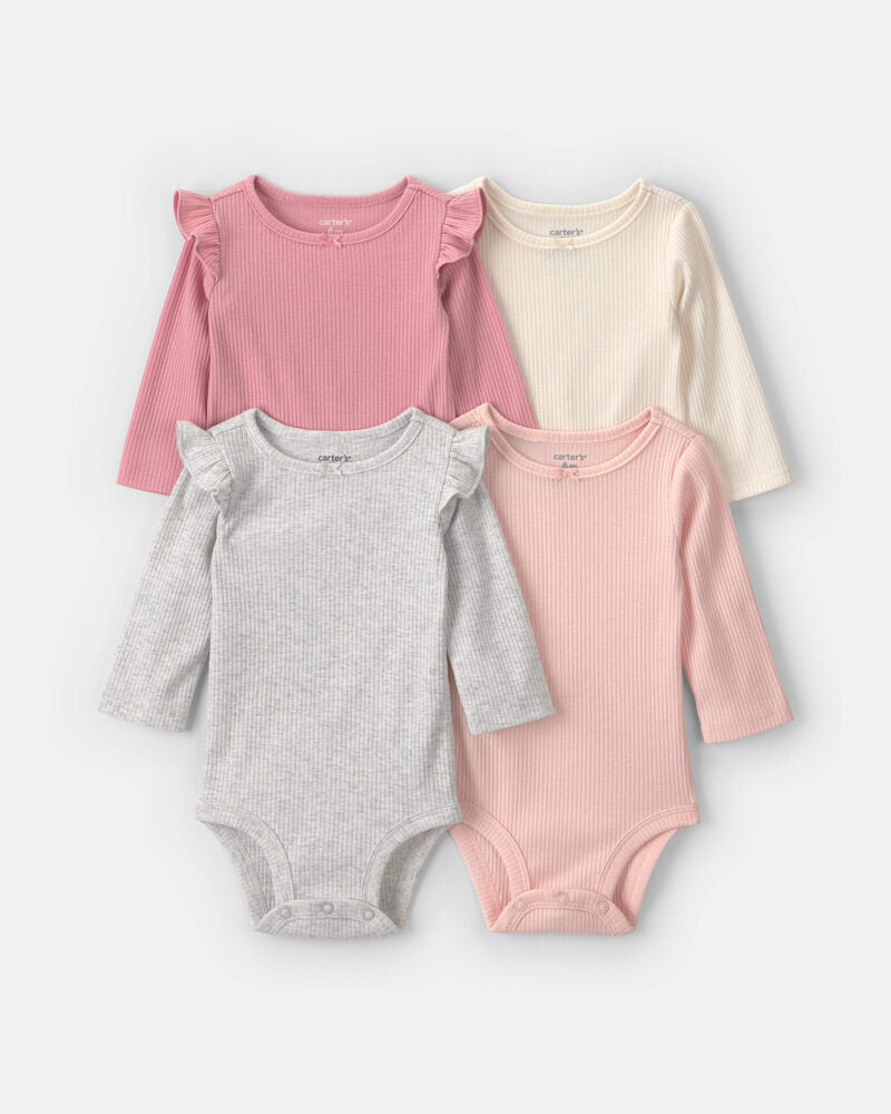 Carter's Baby Girl 4-Pack Ribbed Ruffle Long-Sleeve Multipack Bodysuits