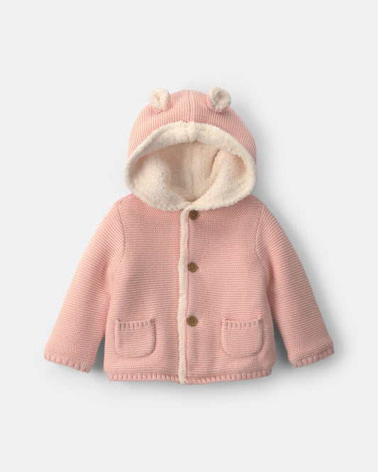 Carter's Baby Girl Bear Sweater Knit Hooded Jacket - Pink