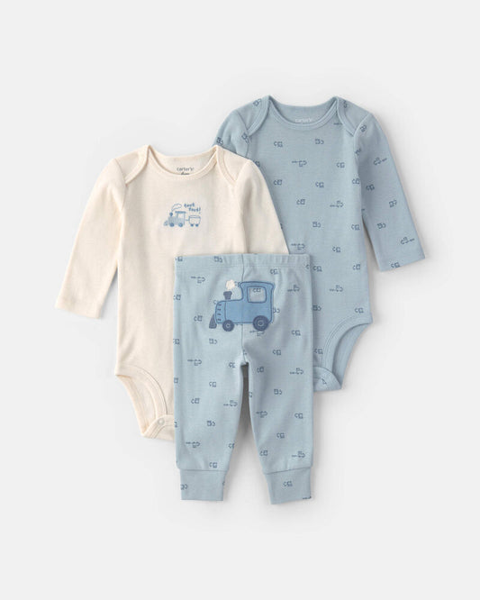 Carter's Baby Boy 3-Piece Train Long-Sleeve Bodysuit & Pant Set - Blue/Cream