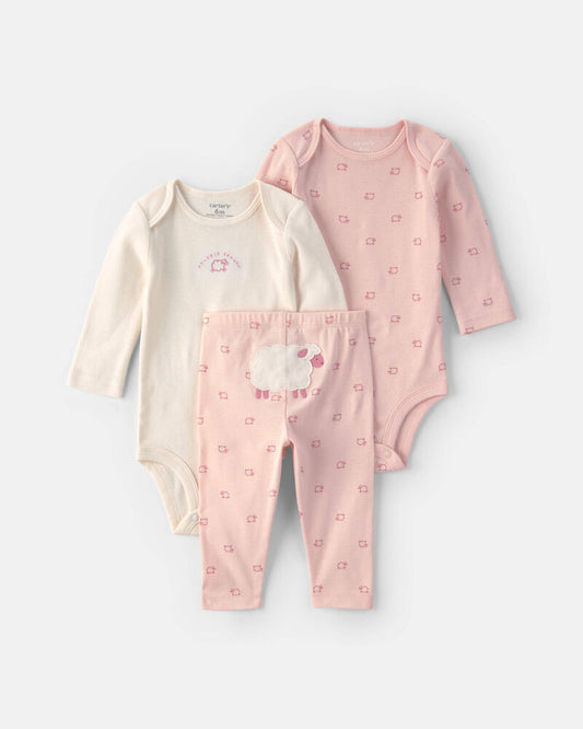 Carter's Baby Girl 3-Piece Sheep Long-Sleeve Bodysuit & Pant Set - Pink/Cream