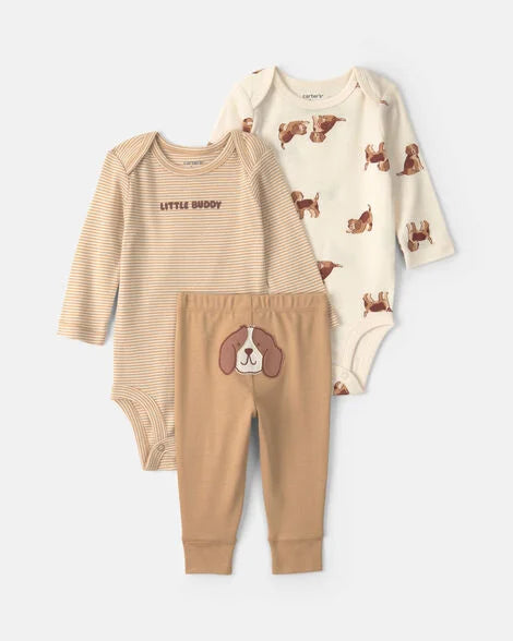 Carter's Baby Boy 3-Piece Dog Long-Sleeve Bodysuit & Pant Set - Brown/Cream