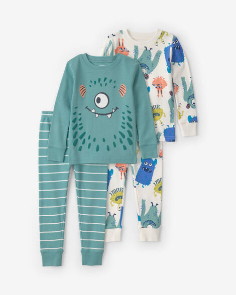 Carter's Baby Boy 4-Piece Monster 100% Cotton Snug Fit Pajama Set - Teal/Cream