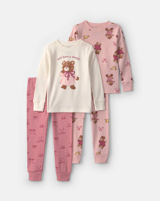 Carter's Baby Girl 4-Piece Bear Varsity 100% Cotton Snug Fit Pyjama Set - Pink/Cream