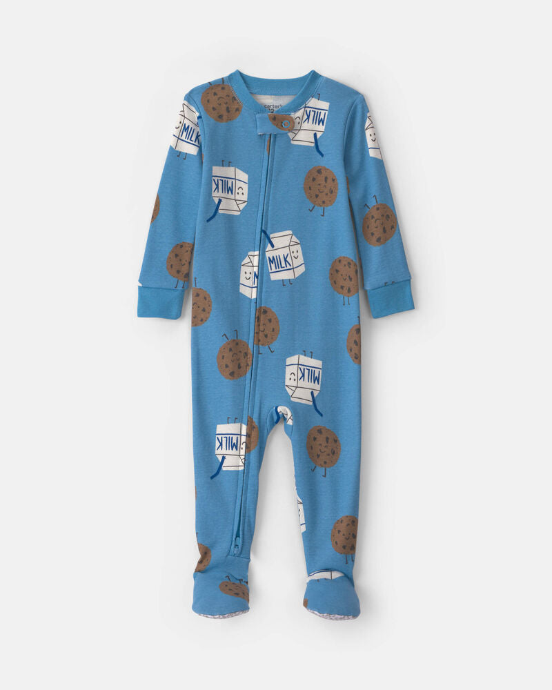 Carter's Baby Boy 1-Piece Milk & Cookies 2-Way Zip 100% Cotton Snug Fit Pyjama - Blue