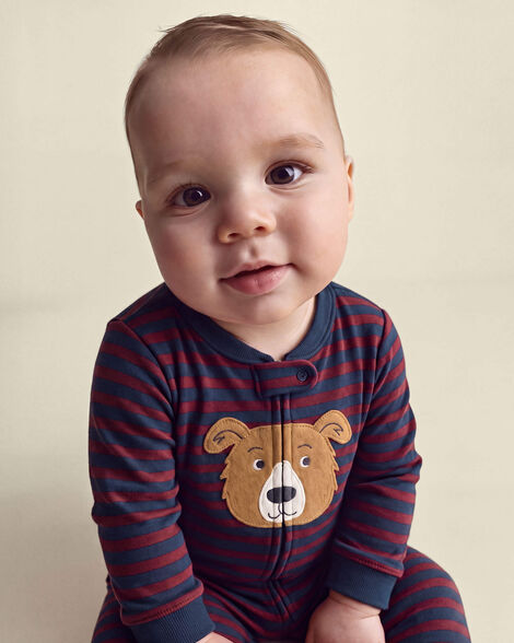 Carter's Baby Boy 1-Piece Dog Striped 2-Way Zip 100% Cotton Snug Fit Footed Pajama - Burgundy/Blue