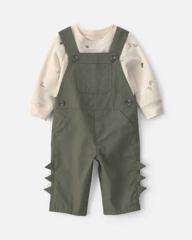 Carter's Baby Boy 2-Piece Dinosaur Long-Sleeve Overall Set - Olive Green